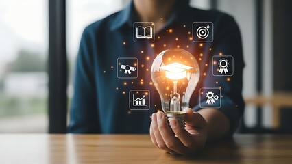Person holding a lightbulb with graduation cap and achievement icons