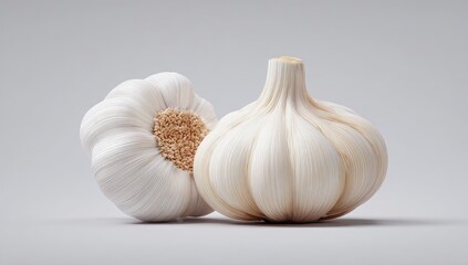 Two heads of garlic, white and pale beige, on a light gray background