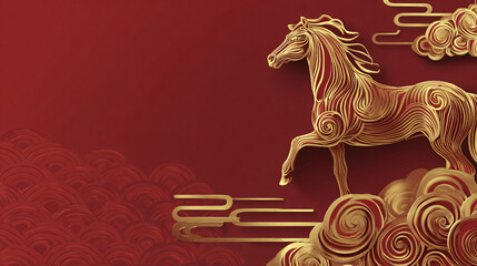 Intricate Golden Horse Line Art on Ornamental Red Pattern