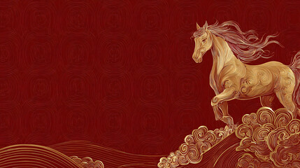 Symbolic Golden Wire Horse Artwork on Rich Red Background