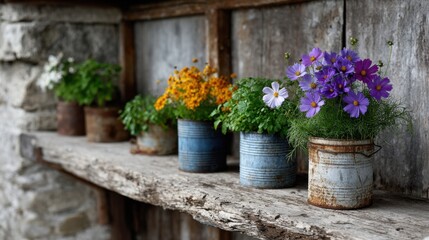 A row of rustic tin cans with wildflowers growing in them, sitting on an old wooden shelf against the backdrop of weathered stone walls.