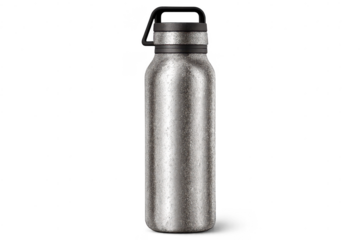 Sleek metal water bottle on transparent background, modern design