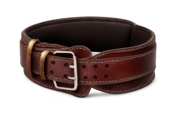 Brown leather weightlifting belt on transparent background studio shot.