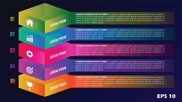 5 Step Isometric Business Infographic. Colorful 3D Stacked Box Layers with Icons on Dark Background. Modern Vector Template for Process Flow, Strategy, and Milestones. EPS 10