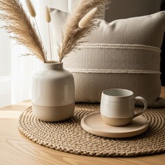 Soft neutral home accents with gentle daylight and subtle textures creating a calm and balanced interior atmosphere