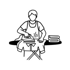 A person ironing clothes on an ironing board with a stack of folded towels nearby