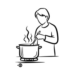 A person cooking with a pot on the stove in a simple illustration style