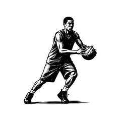 A male basketball player in action, dribbling a ball with intense focus on a plain white background