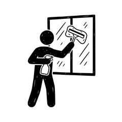 Person cleaning a window with a squeegee and spray bottle in a simple illustration
