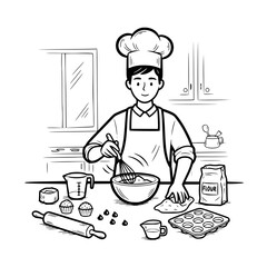 A young chef prepares pastries in a kitchen, mixing ingredients in a bowl with a whisk, surrounded by baking utensils and ingredients.