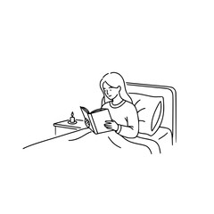 Woman reading in bed with a digital tablet on a serene morning