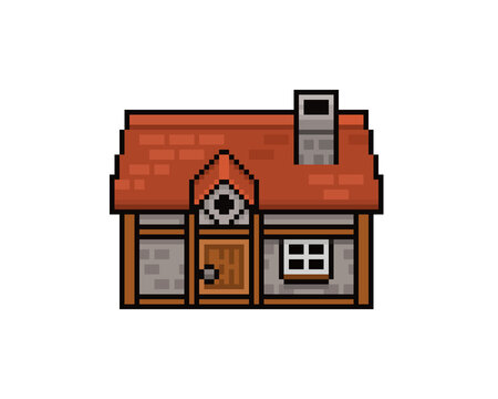 Pixel art house with a red shingle roof, stone walls, and a wooden door. This quaint retro 8-bit cottage is an ideal game asset for fantasy RPG maps, village scenery, or medieval town backdrops.
