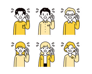 焦った・慌てた様子でスマホで通話する、様々な年齢の男女の人物のベクターイラスト素材セット