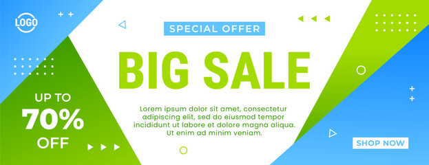 Big Sale banner with green and blue modern geometric background, up to 70% off, suitable for sales promotion, marketing ads, e-commerce, events, social media, web and header