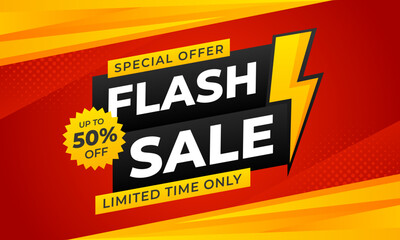 Flash sale banner template with modern red and orange gradient background, up to 50% off, suitable for sale promotions, e-commerce, marketing ads, events, web, pages, and more