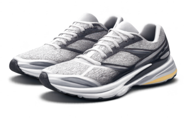 Pair of trendy gray sneakers on a transparent background, footwear ad.