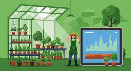 Naklejka premium Woman Gardener Standing Near Greenhouse and Tablet.