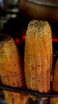 Close-up shot of corn grilling over open flames in Cali, Colombia. The warm lighting highlights the maize details, perfect for vertical video formats in social media stories.