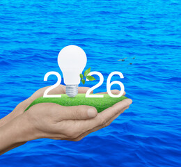 2026 white text and led light bulb with fresh leaves on green grass in hands over blue sea with birds, Happy new year 2026 green ecology and saving energy concept
