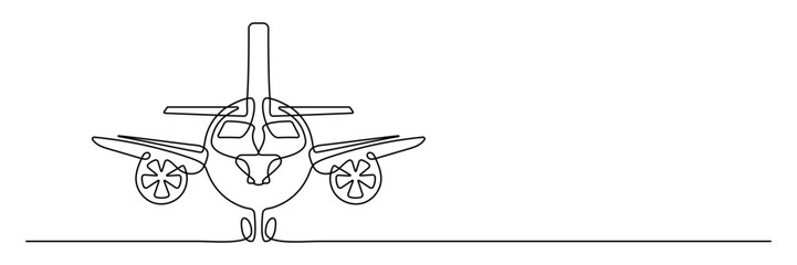 Continuous line drawing of passenger airplane flying minimalist vector illustration