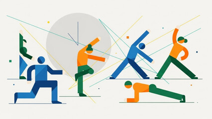 Group of people doing yoga poses in various stretching exercises with colorful geometric