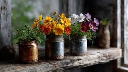 A row of rustic tin cans filled with colorful flowers, arranged on an old wooden shelf in front of weathered stone walls, evoking the charm and simplicity found in the great outdoors. 