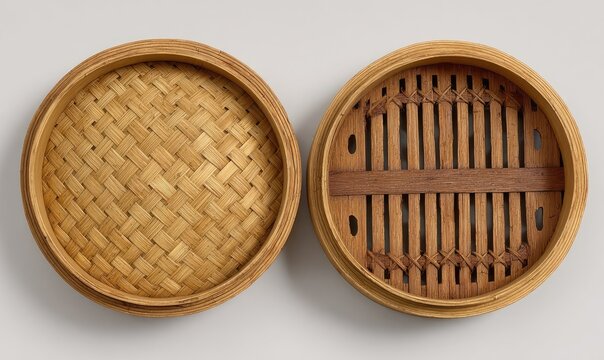 Two open bamboo steamer baskets. Top view of two round, wooden bamboo steamer baskets, one atop the other, with a woven pattern on the lids and a slatted base