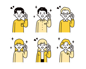 ワクワクした表情でスマホで通話する、様々な年代の男性と女性のベクターイラスト素材セット