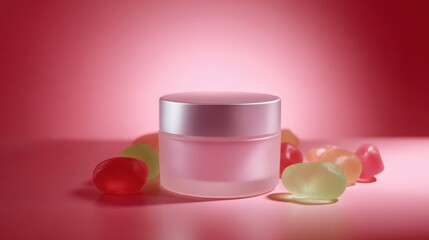 Cream Jar With Colored Jelly Beans on Pink Background