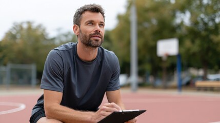 Man sitting on a basketball court with a clipboard in his hand. he is wearing a gray t-shirt and black shorts. he has a beard and is looking up at the sky with a thoughtful expression on his face.