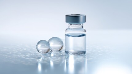 Vaccine Vial and Spheres on Reflective Surface