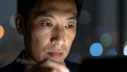 Intense Focus - Asian Man Working Late at Night.