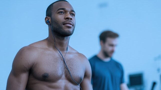 Young african-american man with a beard and no shirt, standing in a gym. he is wearing earphones and appears to be listening to music.