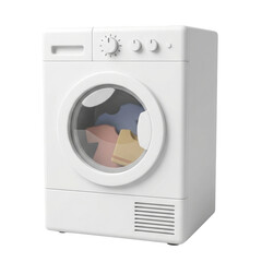 White Front Load Washing Machine with Colorful Clothes Inside Against a Transparent Background