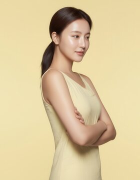 Asian Woman Beauty Portrait with Tied Hair Clean Minimal Look, Korean Beauty Model Yellow Sleeveless Outfit Light Yellow Background, Asian Female Glowy Skin Cosmetic Model Various Poses and Expression
