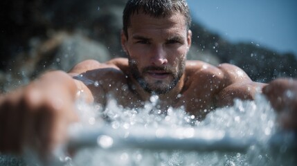 Fototapeta premium Close-up portrait of a man in a hot tub. he is shirtless and appears to be in the middle of a swim. the man has a beard and short, dark hair.