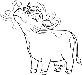 Obraz premium Happy Cow Enjoying the Breeze – Cute Cartoon Line Art Farm Animal Illustration for Kids Coloring Book, Playful Cow Character Design