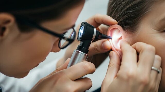 Doctor examining a patients ear with an otoscope in a medical setting carefully