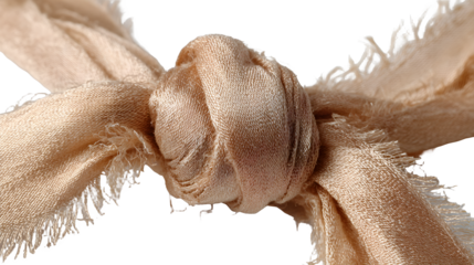 A close up of a vintage style silk ribbon in champa, tied in a knot with frayed edges on a white background