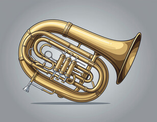 Obraz premium A shiny brass euphonium is illustrated against a plain gray background viewed directly from the side.