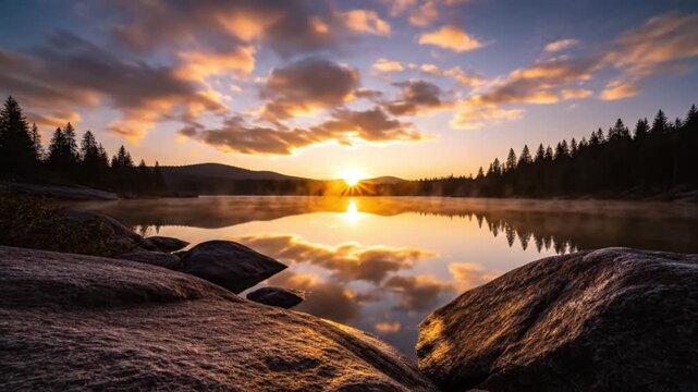 Serene lake at dawn with a sunrise reflecting off the water trees in the background rocks in the foreground