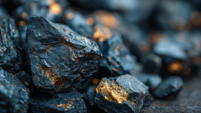 Natural raw iron ore rocks with black and gold metallic luster, rough textured mineral stones for industrial and geological use