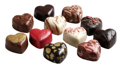 Pile of assorted heart chocolates in different styles on transparent backdrop