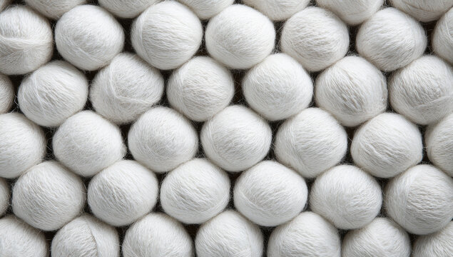 Neatly arranged white cotton balls showcasing soft, fibrous texture and round shape