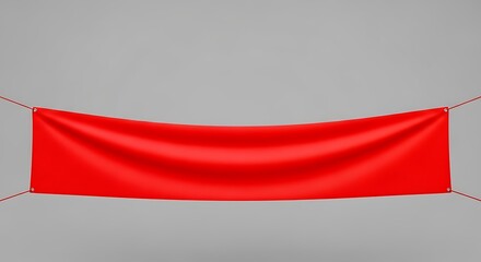 Red blank banner with realistic fabric folds, suspended by ropes against a grey background, ready for custom text or graphics