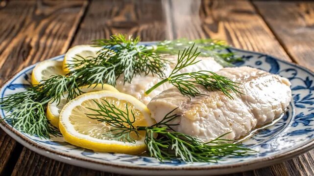 Steaming fish fillet on a blue patterned plate garnished with lemon slices and dill sprigs atop a wooden table