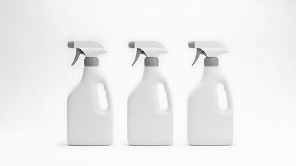 Three white spray bottles with silver nozzles for cleaning