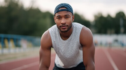 Fototapeta premium Portrait of a young african-american man sitting on a running track. he is wearing a grey tank top and black shorts, and a blue baseball cap.