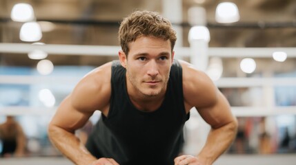 Young man in a gym. he is wearing a black tank top and is in the middle of a push-up exercise. his arms are stretched out in front of him and his legs are bent at the knees.