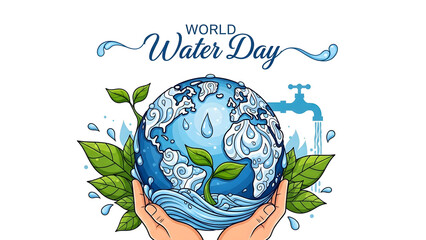 Hands holding earth with leaves and water droplets on world water day
